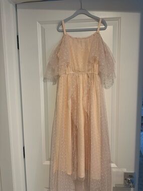 Girls Peach Dot Tulle Party Dress with Flutter Sleeves